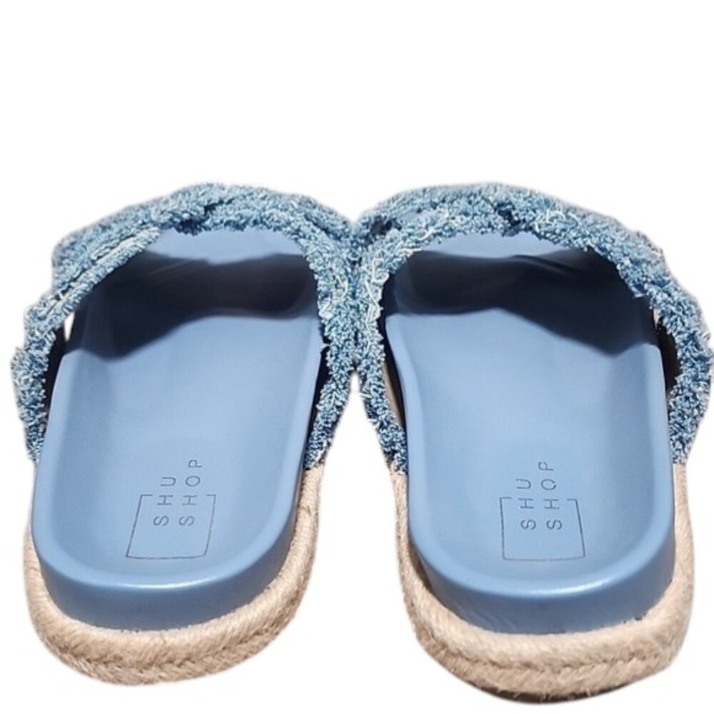 SHU SHOP Denim Blue Espadrille Slide Sandals 9 Frayed Criss Cross Straps Boho - Picture 5 of 14